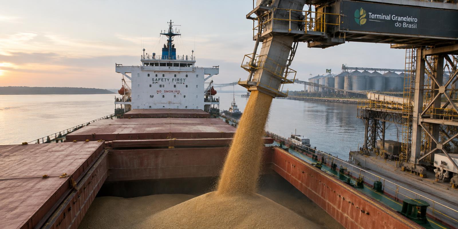 Bulk carrier loading soybeans at a grain terminal